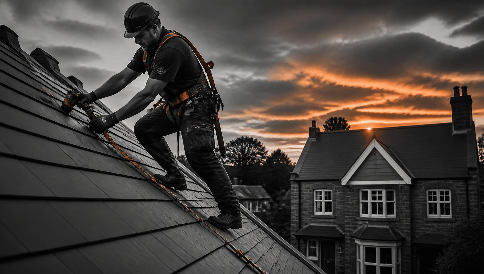 Professional roofer working on a residential roof at sunset
