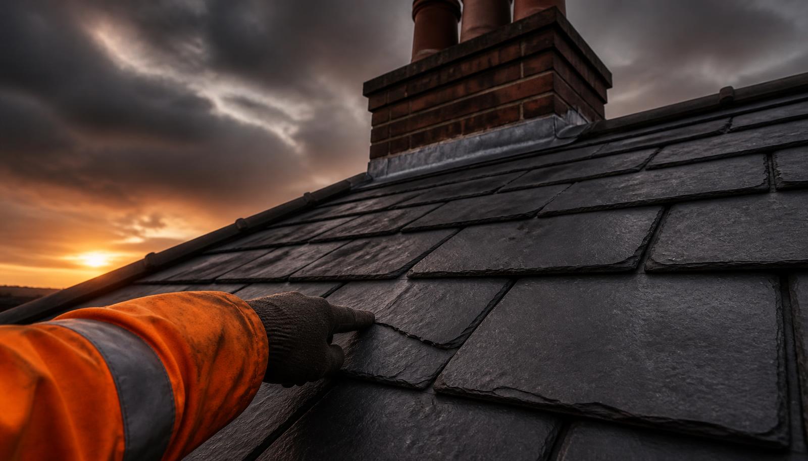 Roof inspection showing slate tiles and a chimney